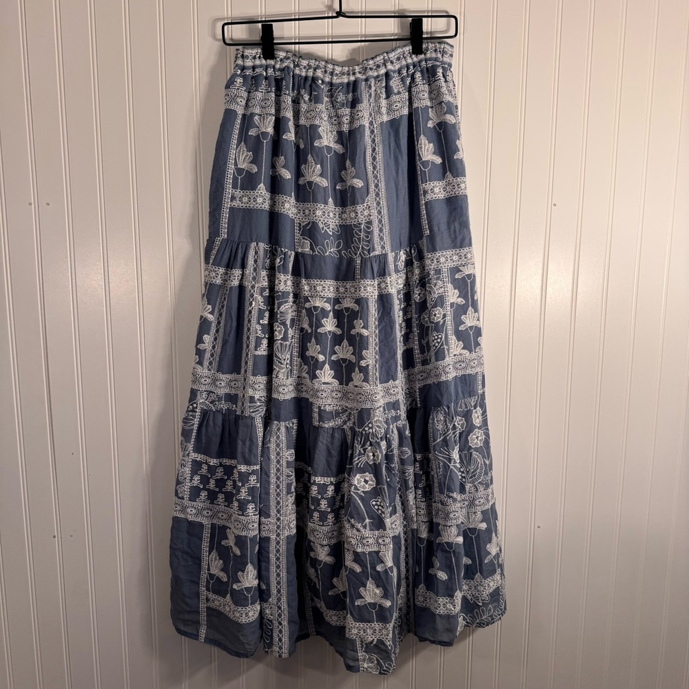 Anthropologie Maeve Ariadne Embroidered Maxi Skirt Blue & White Size XS - Picture 8 of 13